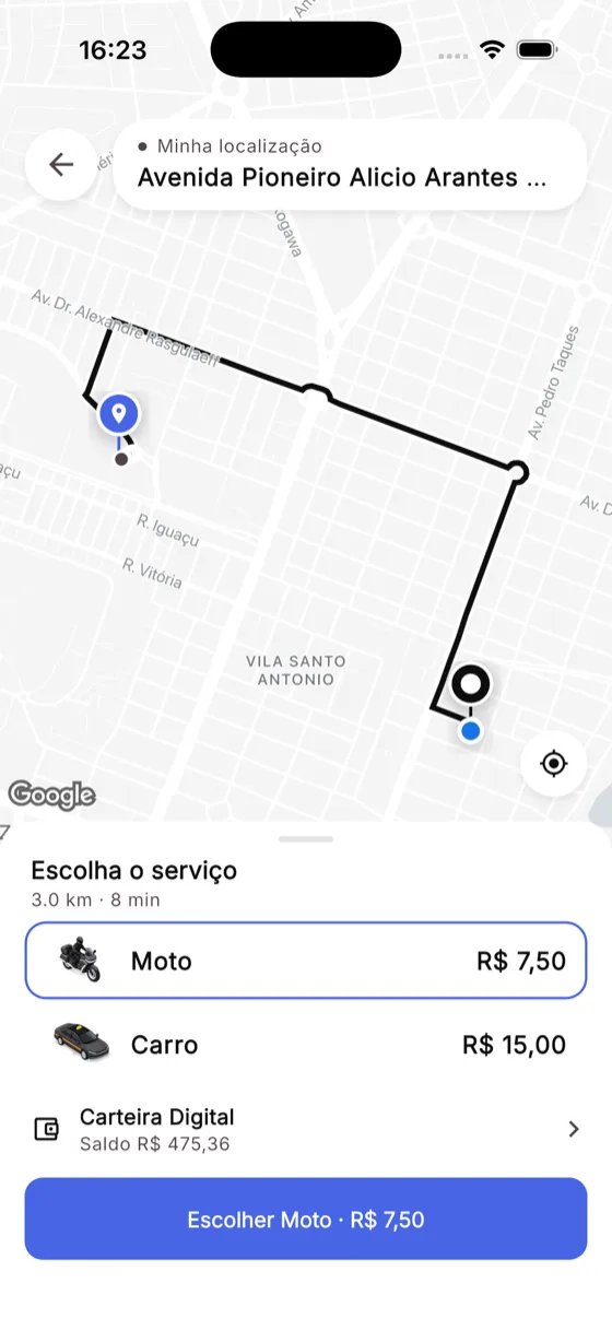 Escolha do serviço: moto e carro, cada um com o seu preço, e o saldo da carteira digital
