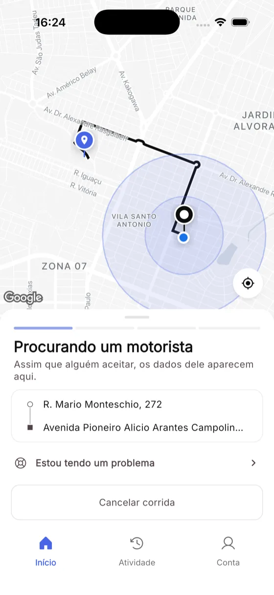 App procurando um motorista, com o raio de busca no mapa