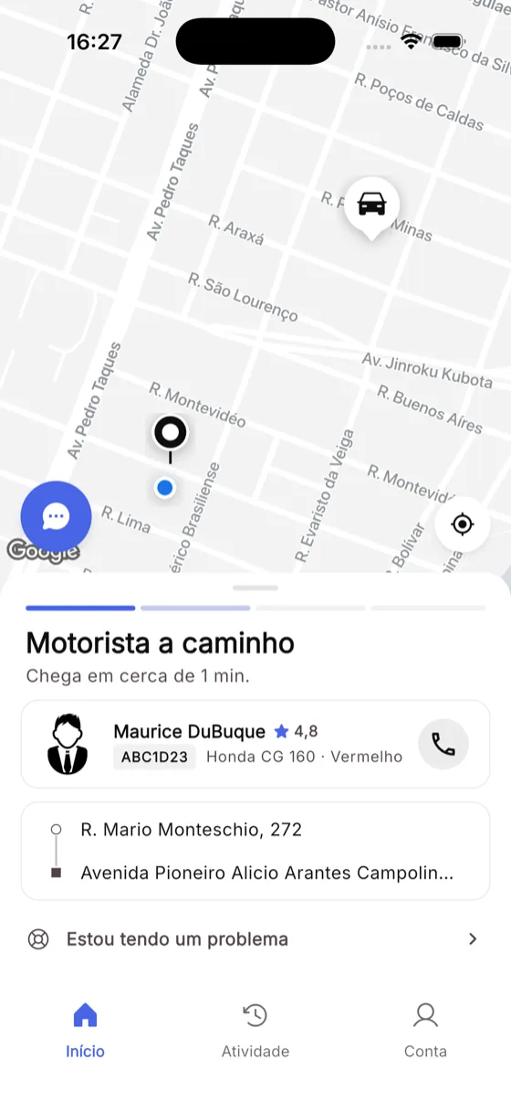 Motorista a caminho: nome, nota, placa e modelo do veículo, com botão de ligar e chat