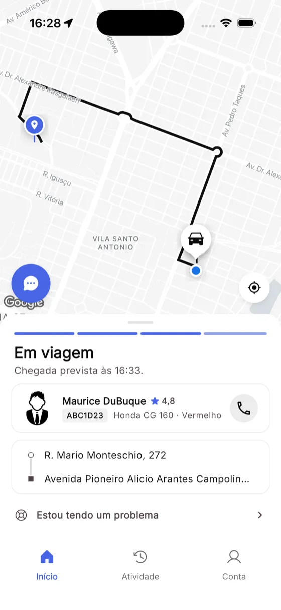 Corrida em andamento, com o trajeto no mapa e o horário de chegada previsto