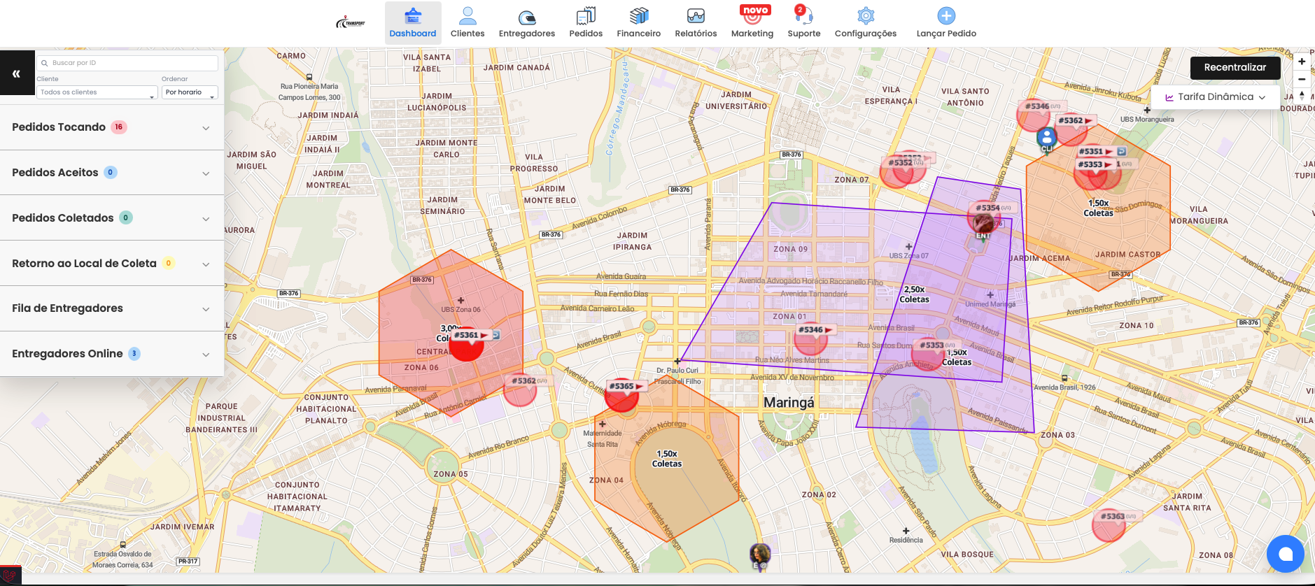 Painel de Tarifa Dinâmica do Entregas Expressas com áreas de preço no mapa